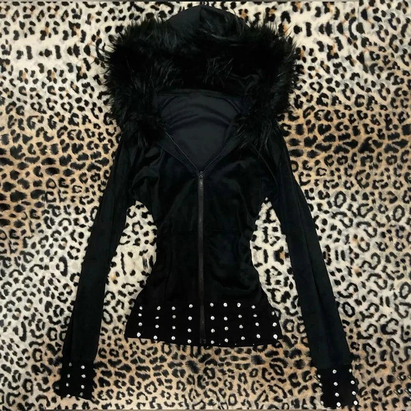 bluza damska z futrem Y2K GOTH