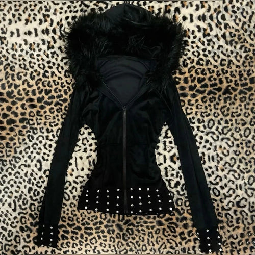 bluza damska z futrem Y2K GOTH